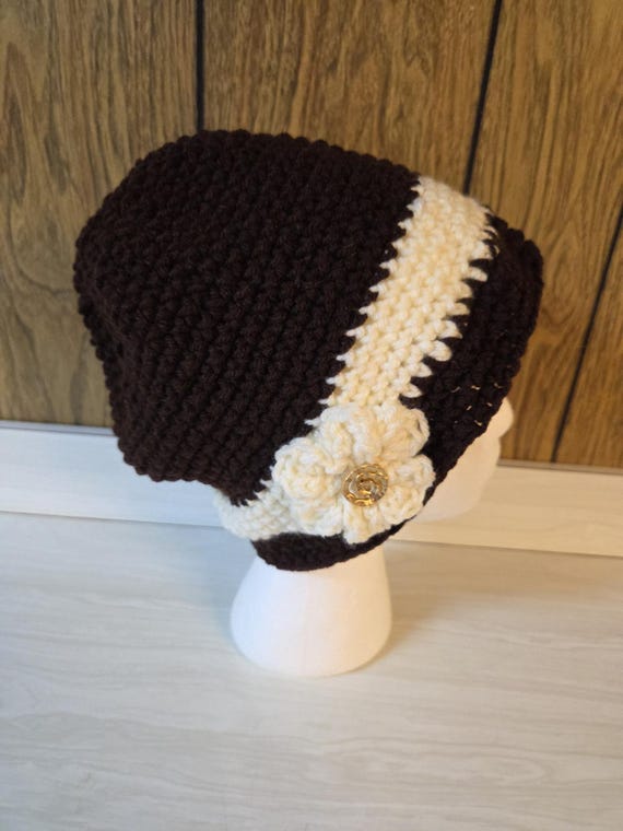 Handmade Crochet Boho Slouch Hat: Brown & Cream Flower  display picture 3