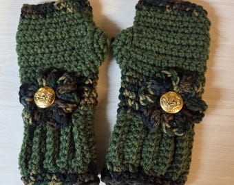 Handmade Crochet Fingerless Gloves: Forest Green Camo
