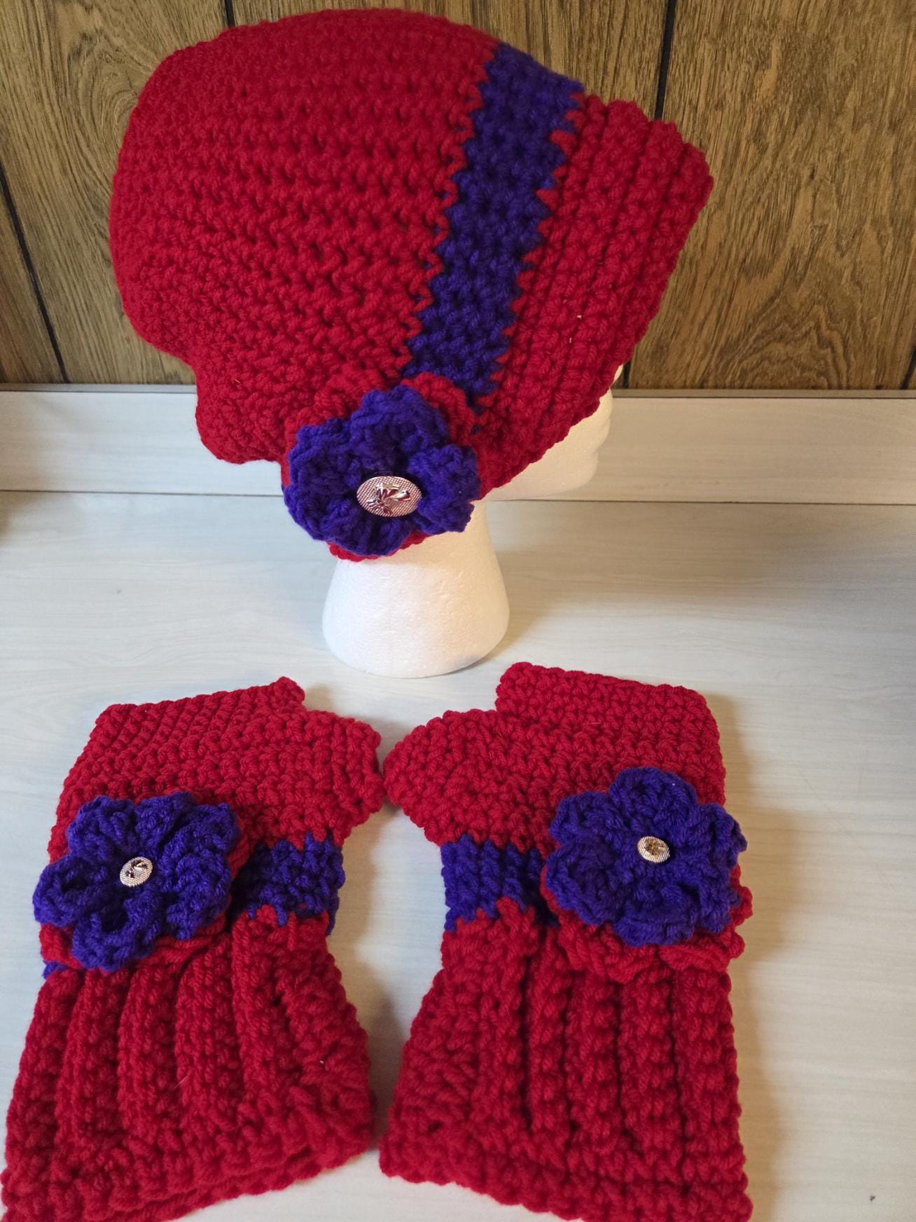 New Crocheted ladies Burgundy hat with matching fingerless/texting gloves, Child Slouch Hat and Glove Set - Crochet Winter Set for  main image 3