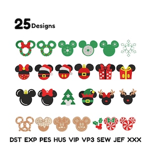 Peut inclure: Une collection de 25 motifs sur le thème de Noël, avec des silhouettes de Mickey Mouse dans différents styles festifs. Les motifs comprennent des couronnes, des ornements, des cadeaux et des biscuits en pain d'épices. Le texte "25 Designs" est en haut.