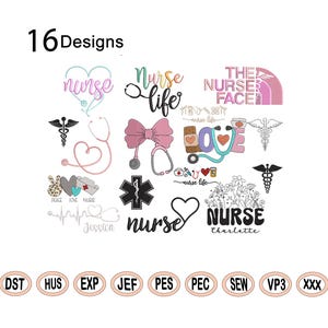 Puede incluir: Una colección de 16 diseños con temática de enfermería con corazones, estetoscopios, flores y texto como "Nurse Life" y "The Nurse Face".
