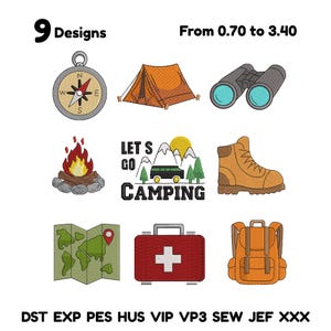 May include: Nine camping-themed designs, including a compass, tent, binoculars, campfire, and backpack. The phrase "LET'S GO CAMPING" is also featured. The designs are available in various file formats.