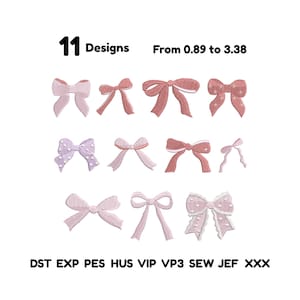 May include: A collection of 11 machine embroidery designs featuring various bow shapes in shades of pink and lavender. The text 11 Designs From 0.89 to 3.38 is displayed at the top, and file formats DST, EXP, PES, HUS, VIP, VP3, SEW, JEF, XXX are listed.