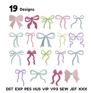May include: A collection of 19 bow designs in various colors, including pink, green, blue, and purple. The bows are displayed on a white background. The text "19 Designs" is at the top. The bottom of the image contains file type abbreviations.