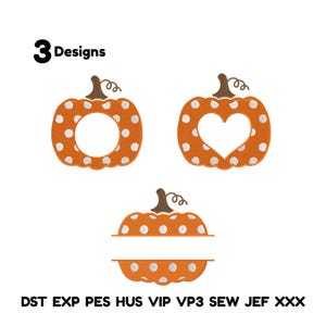 Peut inclure: Trois motifs de citrouilles orange à pois blancs et tiges marron. Une citrouille a une découpe circulaire, une autre un cœur, et la troisième une fente horizontale pour le texte. Le texte "3 Designs" est au-dessus des citrouilles.