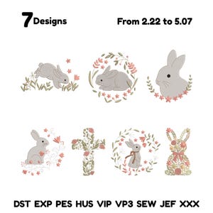 Peut inclure: Image présentant sept motifs de broderie sur le thème de Pâques. Les motifs incluent des lapins gris, des couronnes florales et une croix. Le texte en haut indique "7 Designs" et "From 2.22 to 5.07".