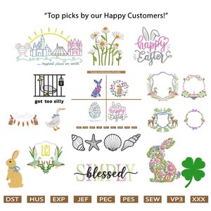 Puede incluir: Una colecci&oacute;n de dise&ntilde;os de bordado con temas de Pascua, arreglos florales e ilustraciones caprichosas. Los dise&ntilde;os incluyen un conejito, patos, conchas marinas y los textos "Happy Easter" y "Simply Blessed".