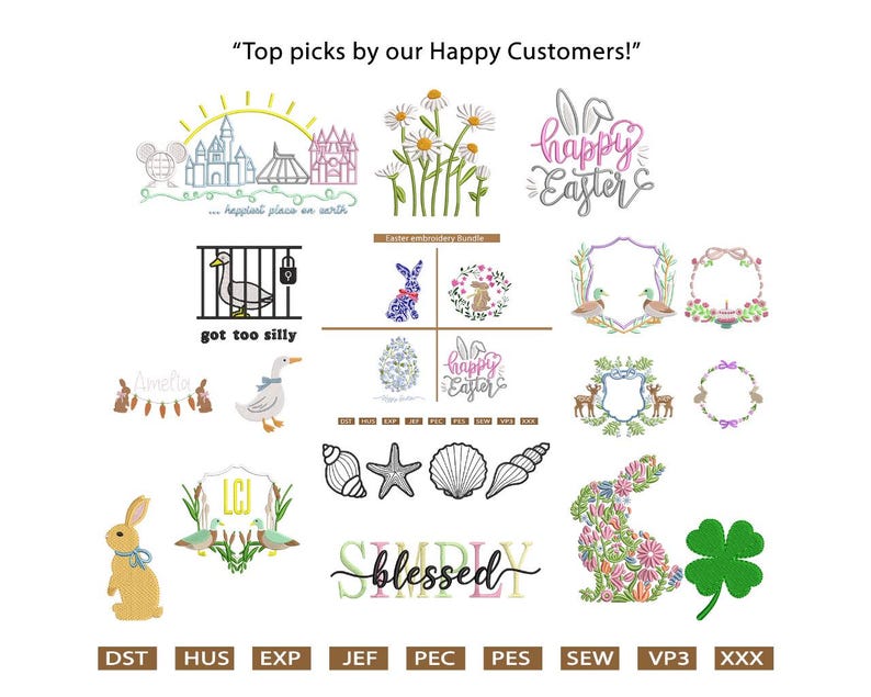 Puede incluir: Una colecci&oacute;n de dise&ntilde;os de bordado con temas de Pascua, arreglos florales e ilustraciones caprichosas. Los dise&ntilde;os incluyen un conejito, patos, conchas marinas y los textos "Happy Easter" y "Simply Blessed".