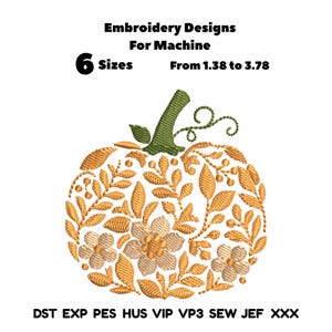 Può includere: Disegni da ricamo per macchina, 6 dimensioni da 1,38 a 3,78. Un motivo da ricamo a forma di zucca con foglie e viticci giallo oro, fiori chiari e un gambo verde. Formati file: DST, EXP, PES, HUS, VIP, VP3, SEW, JEF, XXX.