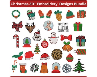 Könnte beinhalten: Eine Sammlung von Weihnachtsstickmustern, darunter ein Kranz, Fäustlinge, eine Ananas, eine Mütze und Geschenkboxen. Die Designs zeigen auch eine Schleife, ein Rentier, einen Weihnachtsmann, einen Schneemann, eine Zuckerstange, einen Weihnachtsbaum und einen Schneeflocke. Der Text "Christmas 30+ Embroidery Designs Bundle" steht oben.