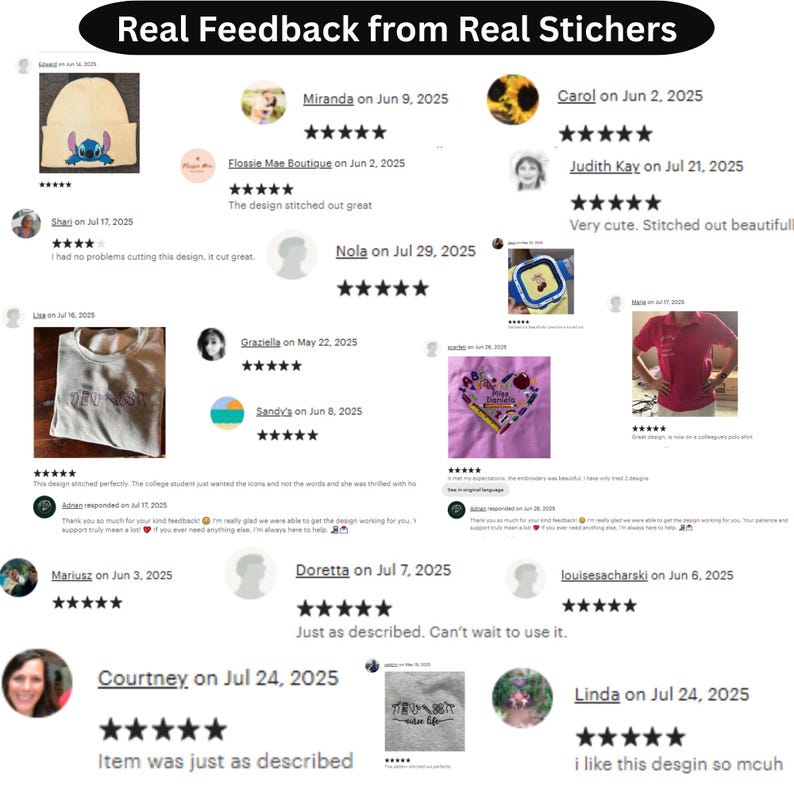 Puede incluir: Un collage de rese&ntilde;as de clientes con valoraciones por estrellas y comentarios. Las rese&ntilde;as presentan varios art&iacute;culos bordados, incluyendo un gorro, una sudadera y una camisa. El texto "Real Feedback from Real Stichers" est&aacute; en la parte superior.
