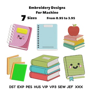 May include: Embroidery designs for machine featuring school-themed graphics including a pink spiral notebook with a face, a light blue notebook, a stack of three books with an apple, two standing books, a stack of three books, and a green book with a face.