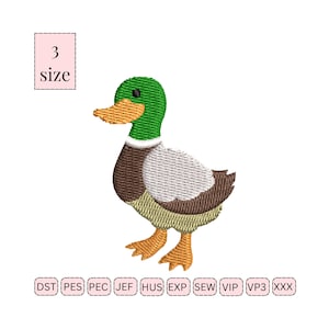 May include: Embroidered duck design with a green head, orange beak and feet, and a brown and white body. The image includes a size indicator and file type abbreviations.