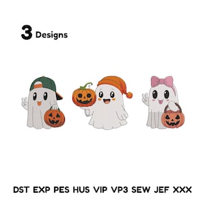 May include: Three Halloween-themed designs featuring cartoon ghosts. One ghost wears a green cap and holds a jack-o'-lantern. Another wears an orange hat and holds a pumpkin. The third ghost has a pink bow and a pumpkin basket. The text "3 Designs" is at the top.