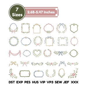 Könnte beinhalten: Eine Sammlung von einunddreißig digitalen Stickmustern mit Blumenkränzen, dekorativen Rahmen und Schleifen in Pastellfarben. Der Text 7 Sizes 2.68-5.47 Inches steht oben und die Dateiformate sind unten aufgeführt.