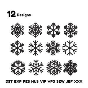 May include: Twelve black snowflake designs are displayed on a white background. The word "Designs" is written below the number "12". The bottom of the image contains a list of file formats: DST EXP PES HUS VIP VP3 SEW JEF XXX.