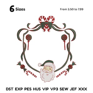May include: An embroidered Christmas design featuring Santa Claus, candy canes, and lollipops. The design is framed by a green and red border with a bow at the top. The text "6 Sizes" is at the top left.