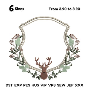 May include: An embroidered design featuring a shield-shaped frame with a deer head at the bottom and floral accents. The design includes the text "6 Sizes" and file type abbreviations. The color palette includes shades of brown, green, and beige.