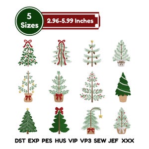 Pode incluir: Uma coleção de doze designs de bordado digital com várias árvores de Natal estilizadas em verde, castanho e vermelho, com decorações como estrelas, laços e bagas. O texto inclui 5 Sizes 2.96-5.99 Inches e os formatos de ficheiro DST EXP PES HUS VIP VP3 SEW JEF XXX.