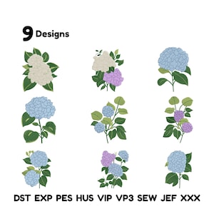 May include: Nine embroidery designs of hydrangea flowers in various colors, including light blue, purple, and white. Each design features detailed stitching and green leaves. The text "9 Designs" is at the top, and file type abbreviations are at the bottom.