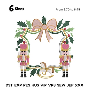 May include: An embroidered Christmas design featuring a pink bow, green holly, and two toy soldier nutcrackers. A rocking horse is in the center. The text reads "6 Sizes" and "From 3.70 to 8.45".