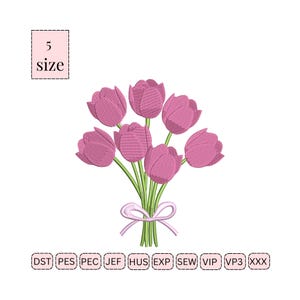 Könnte beinhalten: Ein Strauß rosa Tulpen, gebunden mit einem weißen Band. Das Stickmuster ist in 5 Größen erhältlich: DST, PES, PEC, JEF, HUS, EXP, SEW, VIP, VP3, XXX.