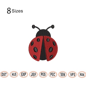 May include: Red and black ladybug embroidery design in 8 sizes.  The design is available in the following formats: DST, HUS, EXP, JEF, PES, PEC, SEW, VP3, XXX.