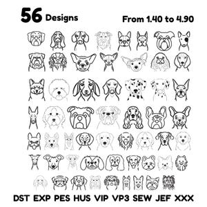 Può includere: Un'immagine con 56 disegni di razze canine in arte lineare in bianco e nero. Il testo "56 Designs" e "From 1.40 to 4.90" sono inclusi. I formati di file sono elencati in basso.