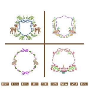 May include: Four embroidery designs featuring different frames. The first frame is a green wreath with two deer and a blue shield. The second frame is a green wreath with two ducks and a blue shield. The third frame is a purple wreath with two bunnies. The fourth frame is a pink wreath with a pink bow and a birthday cake.