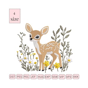 Floral Deer Embroidery Design, Floral Embroidery Design, Animal Embroidery Machine File Deer with flowers embroidery Deer Fawn Embroidery