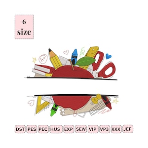 Könnte beinhalten: Ein Stickdesign mit einem roten Apfel und Schulmaterialien wie Bleistiften, Buntstiften, Scheren und einem Lineal. Das Design enthält den Text "6 size" und Stickdateiformat-Abkürzungen.