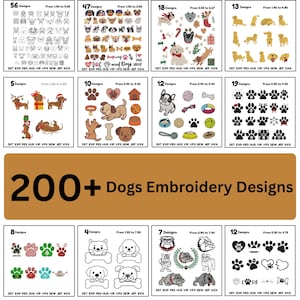 Könnte beinhalten: Eine Sammlung von über 200 Hunde-Stickmustern. Das Bild zeigt verschiedene Stickmuster zum Thema Hunde, darunter Pfotenabdrücke, Hunderassen und Designs zum Thema Feiertage. Die Designs werden in einem Rasterformat angezeigt, wobei jedes Designset mit der Anzahl der Designs und der Preisspanne gekennzeichnet ist.