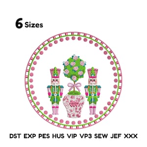 May include: Embroidered design featuring two toy nutcrackers flanking a decorative vase and a topiary tree, all within a pink and green dotted circle. The text "6 Sizes" is at the top, and embroidery file formats are listed at the bottom.