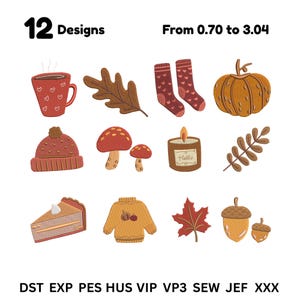 May include: An image with 12 fall-themed designs, including a mug, leaf, socks, pumpkin, hat, mushrooms, candle, branch, pie, sweater, maple leaf, and acorns. The text "12 Designs" and "From 0.70 to 3.04" are at the top.