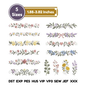 Pode incluir: Uma coleção de designs de bordado floral com várias bordas e ramos botânicos em rosa, amarelo, azul e verde. A imagem inclui o texto 5 Sizes e 1.88-3.82 Inches, juntamente com os formatos de arquivo DST, EXP, PES, HUS, VIP, VP3, SEW, JEF, XXX.