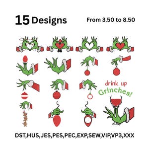 Può includere: Una collezione di 15 disegni a tema Grinch. I disegni includono mani del Grinch che formano cuori, che tengono ornamenti e un calice di vino. È presente anche la frase "drink up Grinches!". I disegni sono in verde, rosso e bianco.