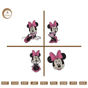 May include: Four embroidery designs featuring a cartoon image of Minnie Mouse in different poses. The designs are in black and white with pink accents.