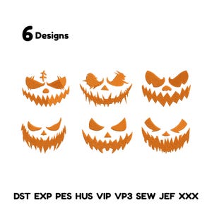 Pode incluir: Seis designs de rosto de abóbora de Halloween laranja são exibidos em um fundo branco. O texto "6 Designs" está no canto superior esquerdo. As abreviações do formato de arquivo estão na parte inferior da imagem.