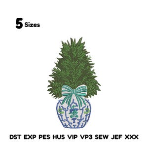 May include: An embroidered design featuring a green topiary tree in a blue and white vase with a teal bow. The text "5 Sizes" is at the top left. The bottom of the image contains the text "DST EXP PES HUS VIP VP3 SEW JEF XXX".
