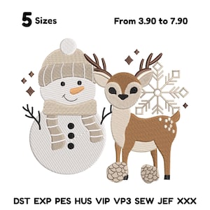 Può includere: Un disegno ricamato con un pupazzo di neve e un cervo, entrambi nei toni del beige e del marrone, con fiocchi di neve e stelle. Il testo "5 Sizes" è in alto a sinistra. Il testo "From 3.90 to 7.90" è in alto a destra.