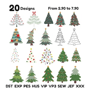 May include: An image featuring 20 Christmas tree designs. The trees are depicted in various styles, including simple outlines and fully decorated versions with ornaments and lights. The text "20 Designs" and a price range are also visible.