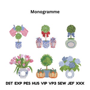 May include: An image featuring various embroidered designs, including topiary trees with American flags, red bows, and blue bows. Other designs include tulips, pumpkins, and hydrangeas in decorative vases. The word "Monogramme" is at the top.