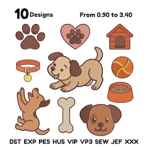 May include: An image featuring ten embroidered dog-themed designs. The designs include a paw print, a heart with a paw print, a dog house, a collar, a dog, a ball, a bowl of food, a dog bone, and a dog's head. The text reads "10 Designs" and "From 0.90 to 3.40".