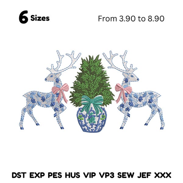 Chinoiserie Christmas Reindeer Bow Embroidery Design, Chinoiserie Coquette Christmas with tree Embroidery: Blue & White Christmas