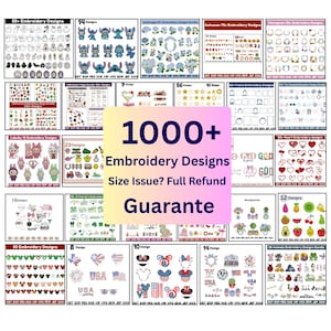 May include: A collection of embroidery designs, featuring various themes like animals, flowers, and holiday motifs. The image showcases a wide array of designs, including text that reads "1000+ Embroidery Designs" and "Guarantee".