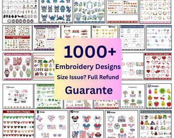Puede incluir: Una colección de diseños de bordado, con varios temas como animales, flores y motivos festivos. La imagen muestra una amplia gama de diseños, con el texto "1000+ Embroidery Designs" y "Guarantee".