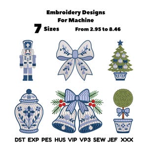 May include: Embroidery designs for machine with 7 sizes from 2.95 to 8.46 inches. The set includes a nutcracker, a striped bow, a Christmas tree, a floral ginger jar, two bells with pine needles and berries, and a topiary in a patterned pot.