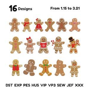 Peut inclure: Image présentant 16 motifs de bonhommes en pain d'épices avec des décorations variées. Le texte indique "16 Designs" et "From 1.15 to 3.21". L'image inclut également des abréviations de types de fichiers.