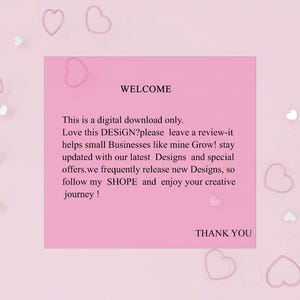 Puede incluir: Un fondo rosa con formas de coraz&oacute;n y un cuadrado rosa con el texto "WELCOME". El texto habla de descargas digitales, rese&ntilde;as y nuevos dise&ntilde;os. Las palabras "THANK YOU" est&aacute;n en la parte inferior del cuadrado rosa.