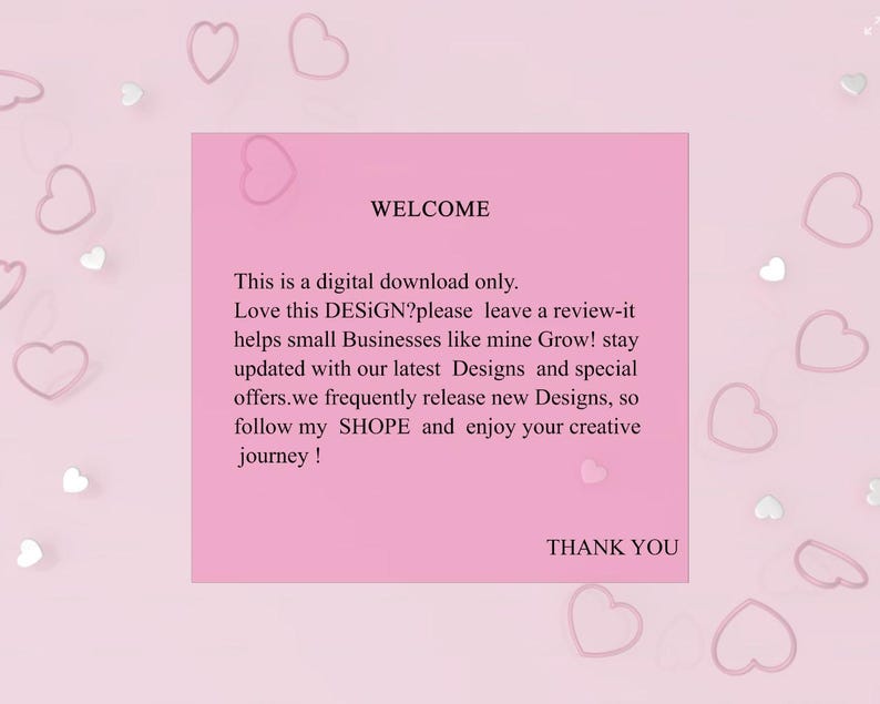Puede incluir: Un fondo rosa con formas de coraz&oacute;n y un cuadrado rosa con el texto "WELCOME". El texto habla de descargas digitales, rese&ntilde;as y nuevos dise&ntilde;os. Las palabras "THANK YOU" est&aacute;n en la parte inferior del cuadrado rosa.